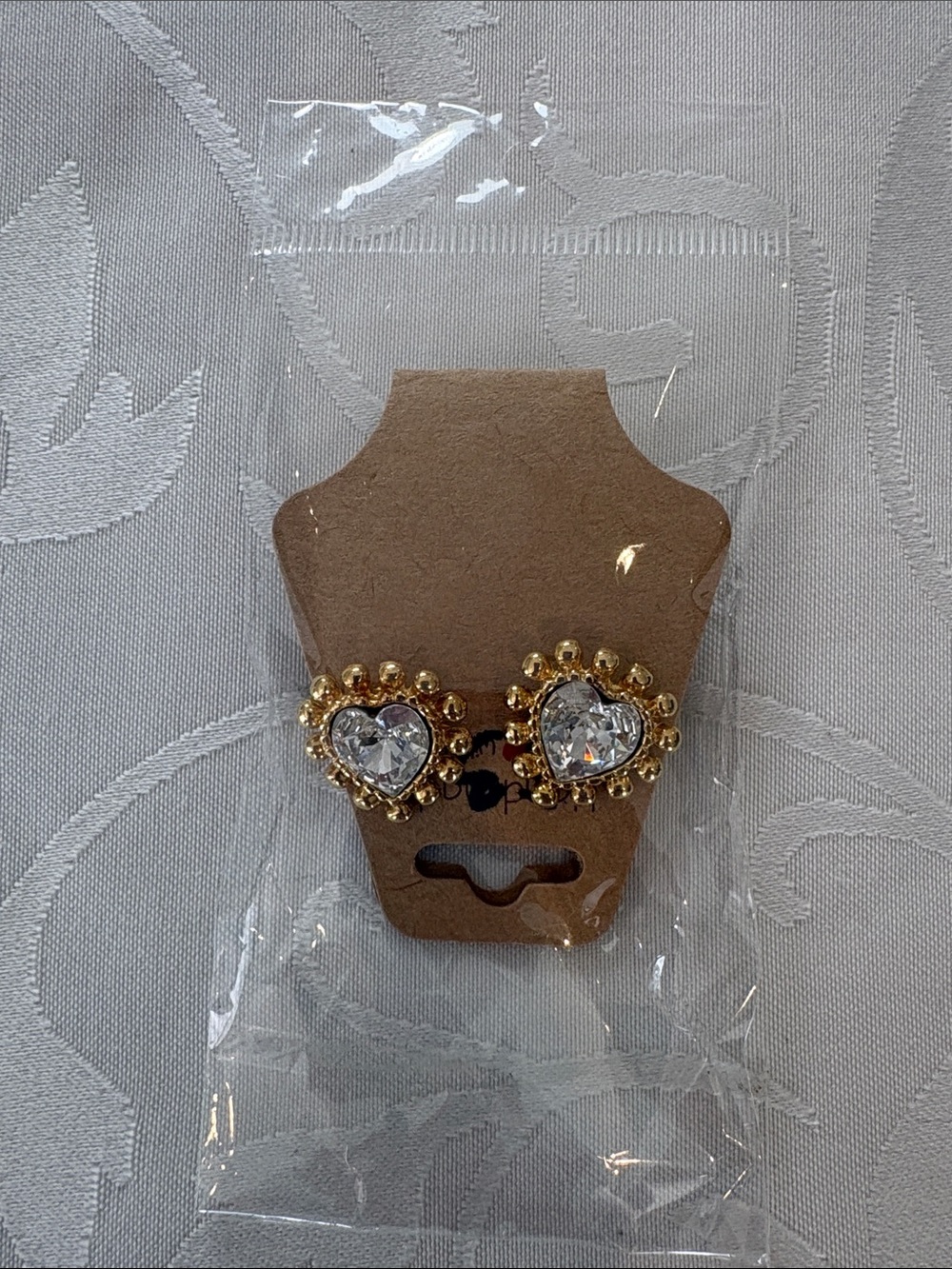 Gold Heart Crystal Stud Earrings - Clear / Unbranded
